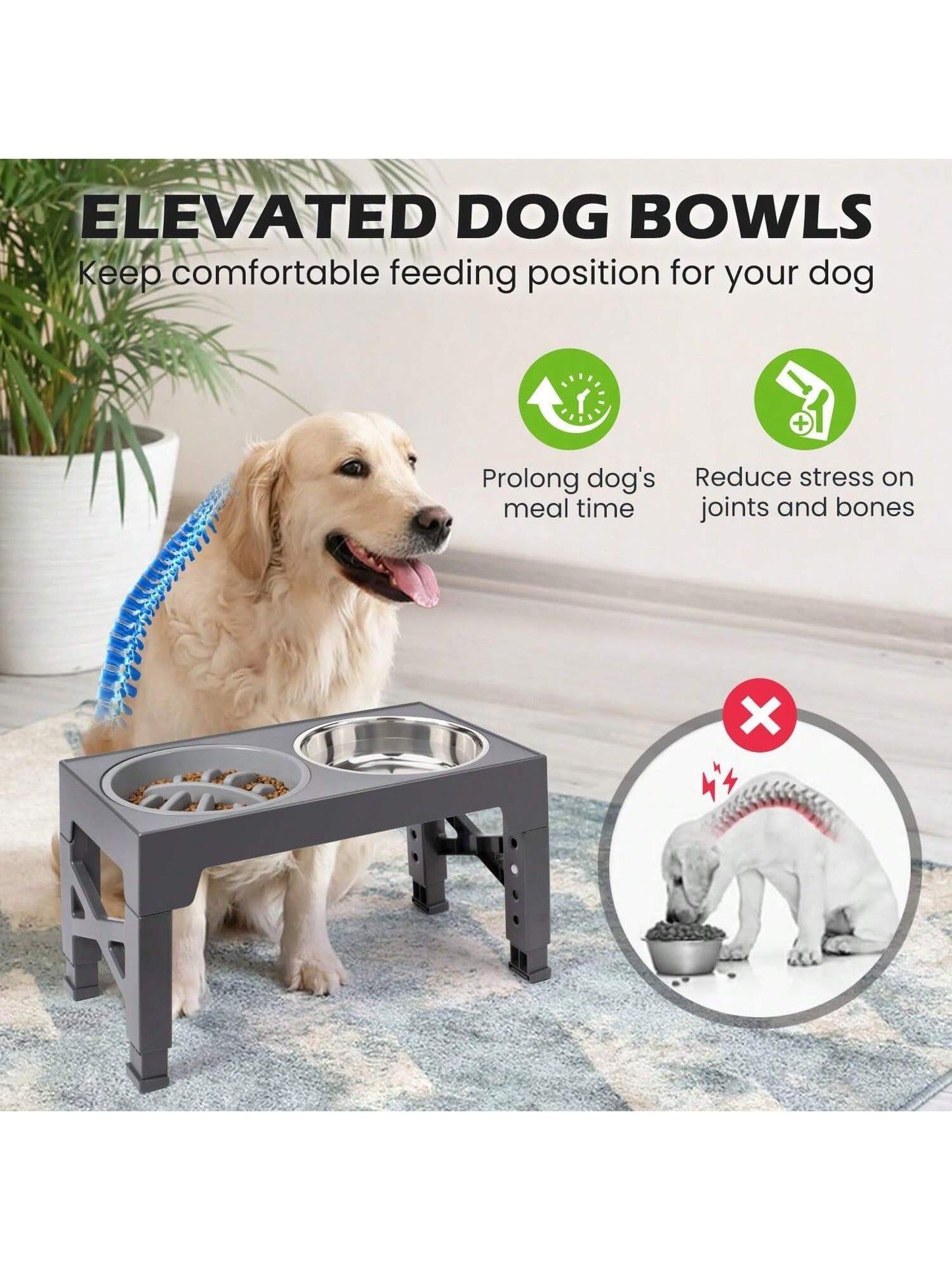 Elevated Dog Bowls, 5 Adjustable Heights Raised Dog Bowl Stand, with 2 Stainless Steel Dog Food Bowls and 1 Slow Feeder Dog Bowl, Adjusts to Height 3.2" to 12.2" for Small Medium Large Dogs