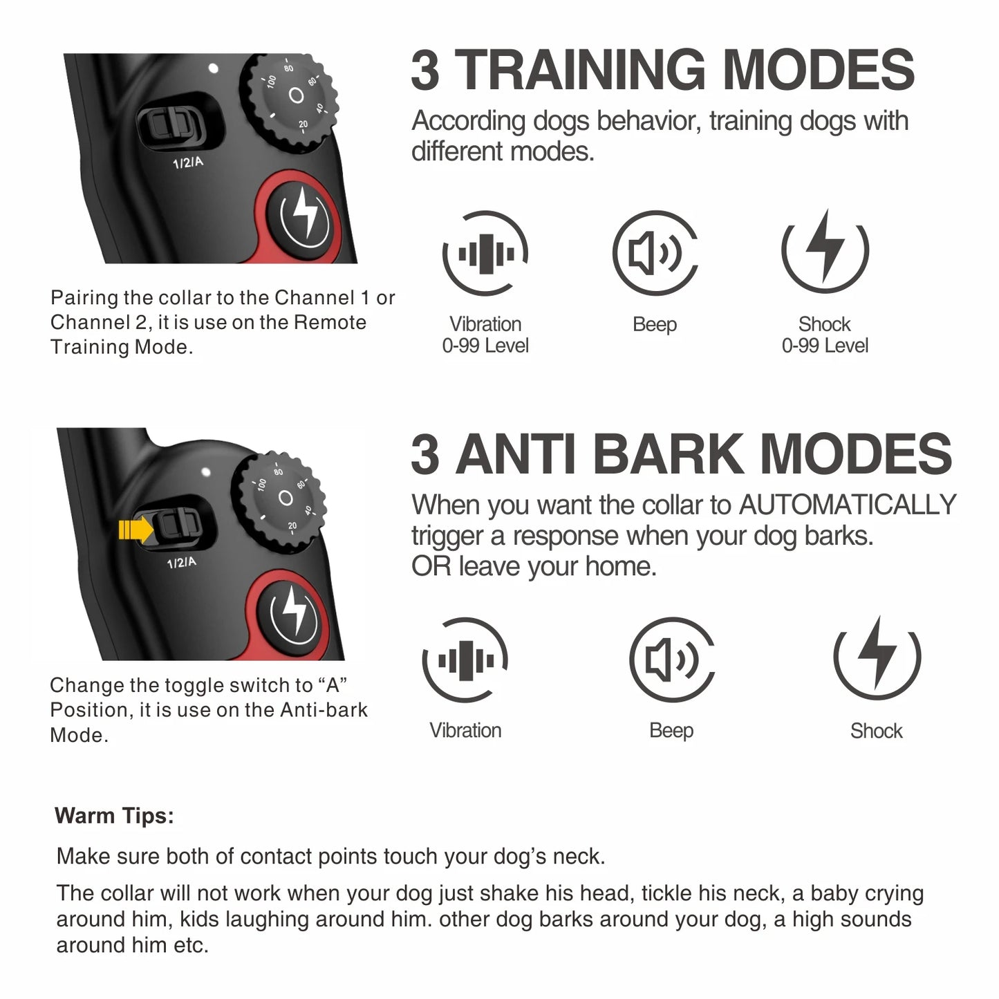 Dog Bark Training Collar 2-In-1, Rechargeable Dog Electric Shock Collar Waterproof, 400M, 1300 Ft Remote Control, Pet Product
