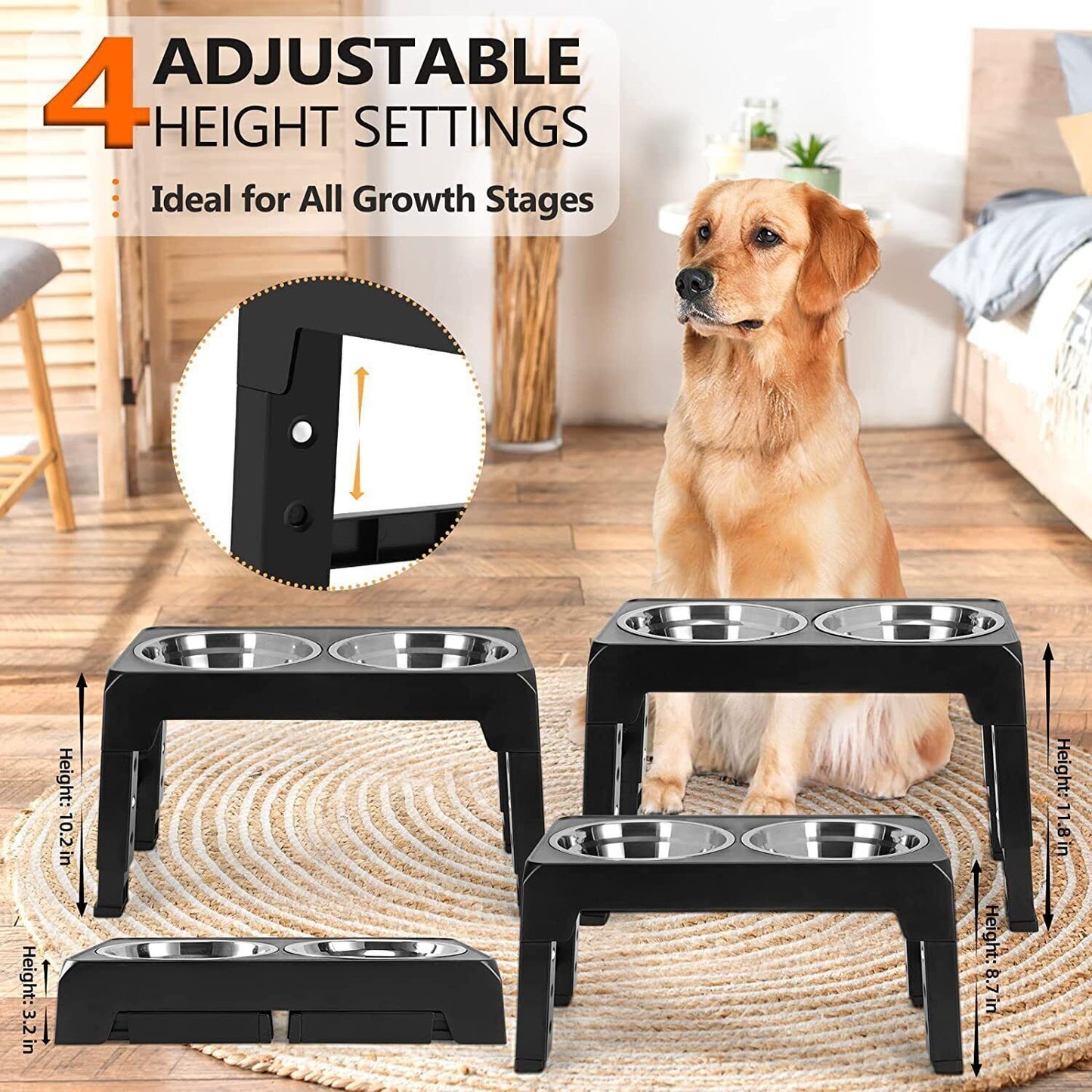 Adjustable Elevated Stand Double Dog Cat Bowls Raised Food &Water Feeding Dishes