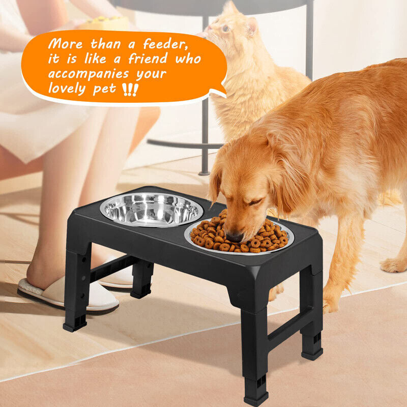 Adjustable Elevated Stand Double Dog Cat Bowls Raised Food &Water Feeding Dishes