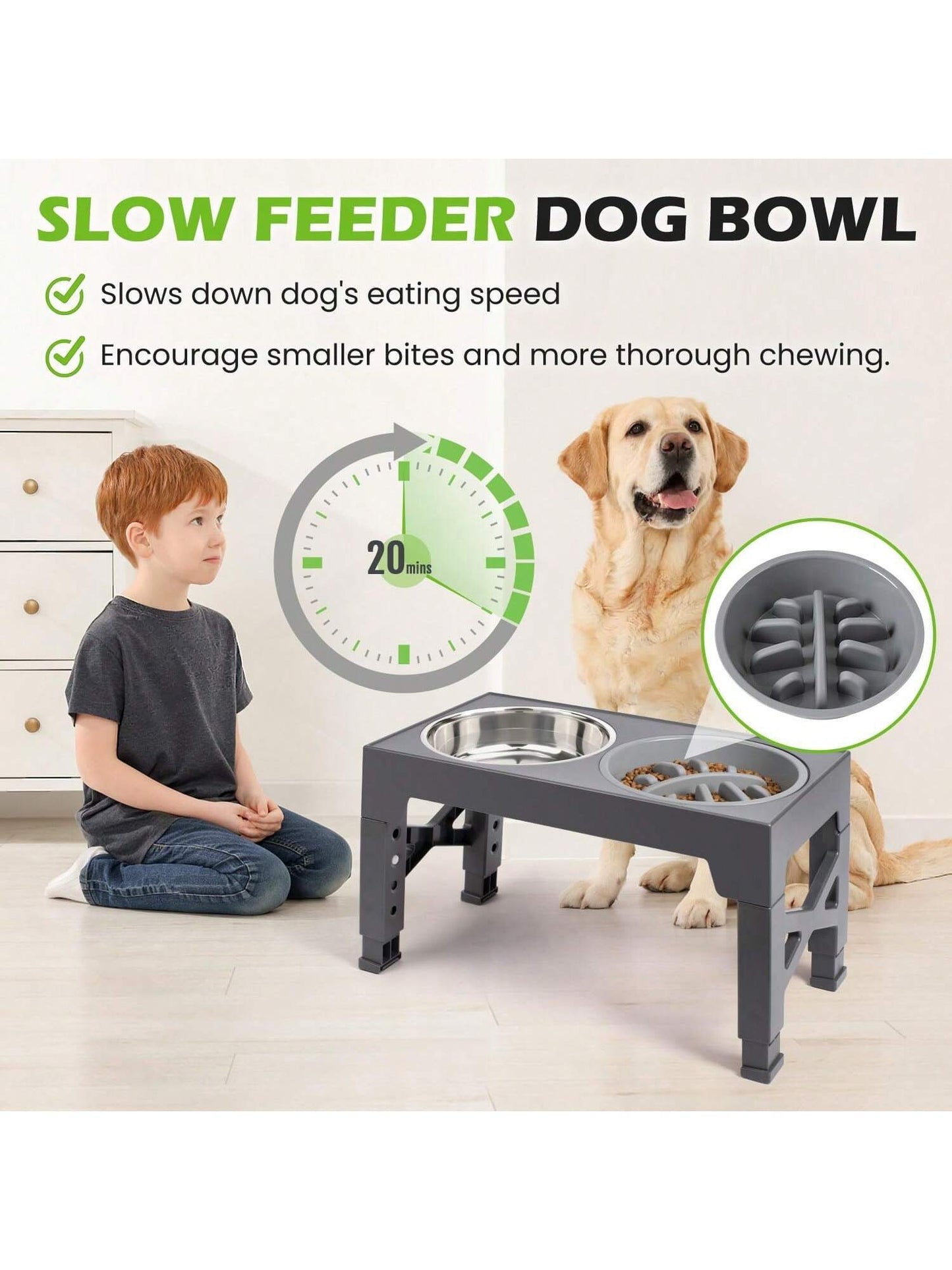 Elevated Dog Bowls, 5 Adjustable Heights Raised Dog Bowl Stand, with 2 Stainless Steel Dog Food Bowls and 1 Slow Feeder Dog Bowl, Adjusts to Height 3.2" to 12.2" for Small Medium Large Dogs