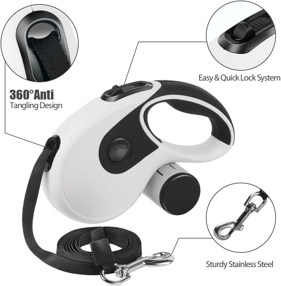 Retractable Dog Leash with Poop Bag Holder, 16Ft Strong Cord, Heavy Duty 360° Tangle-Free Pet Leash with Waste Bag Dispenser & Bags, Anti-Slip Grip Retractable Leash for Dogs up to 110Lb