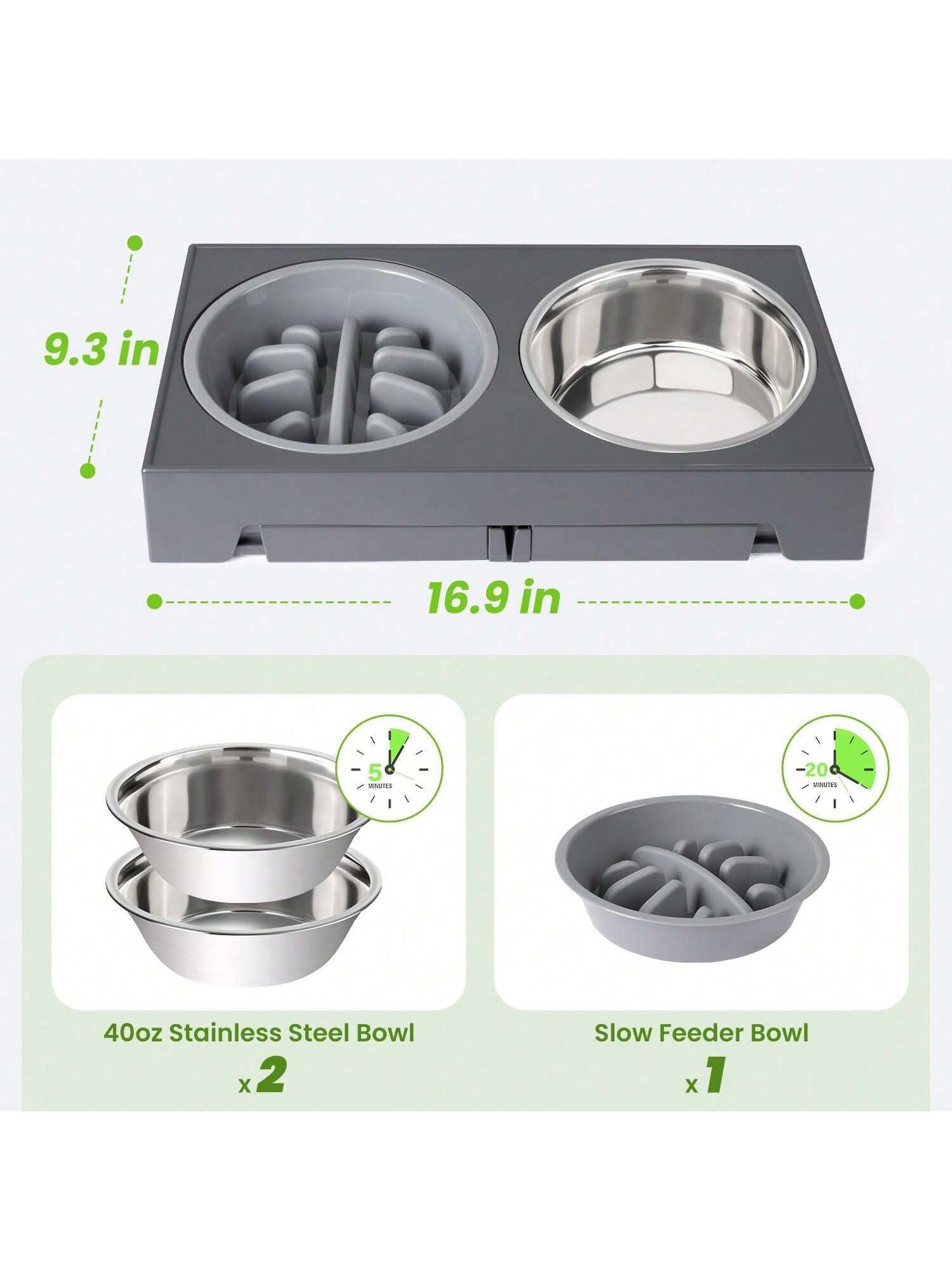 Elevated Dog Bowls, 5 Adjustable Heights Raised Dog Bowl Stand, with 2 Stainless Steel Dog Food Bowls and 1 Slow Feeder Dog Bowl, Adjusts to Height 3.2" to 12.2" for Small Medium Large Dogs