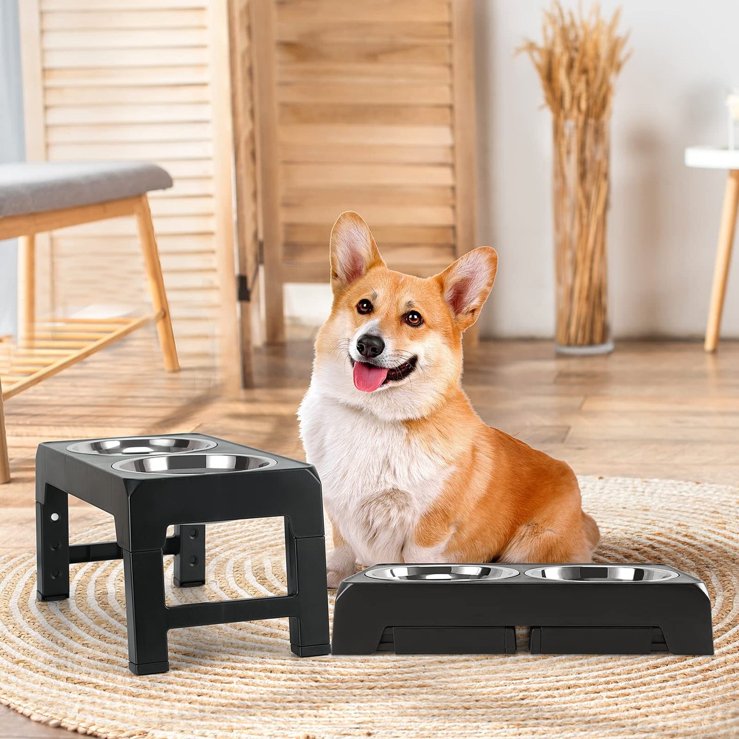 Adjustable Elevated Stand Double Dog Cat Bowls Raised Food &Water Feeding Dishes