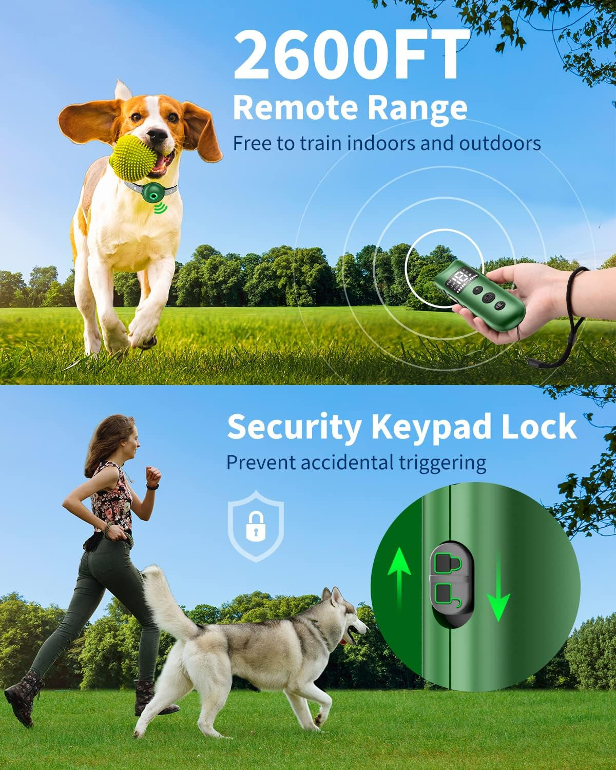 Shock Collar for Large Dog, Medium Dogs and Small Dogs, Dog Shock Collar with Remote 2600FT, Dog Shock Collar with Beep, Vibration, Static Shock and Safety Lock, Rechargeable