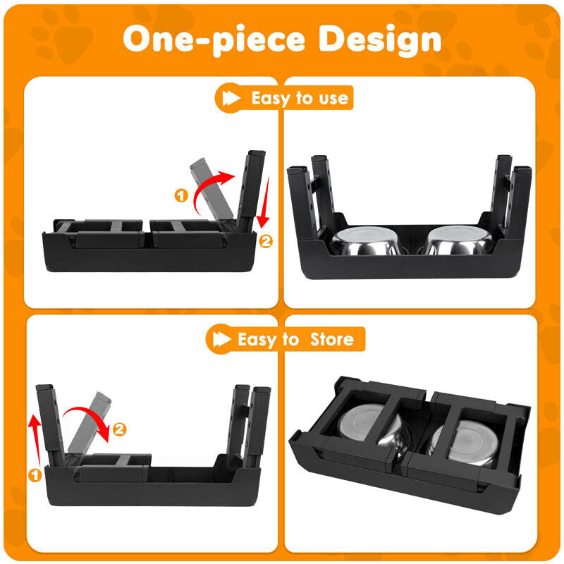 Adjustable Elevated Stand Double Dog Cat Bowls Raised Food &Water Feeding Dishes