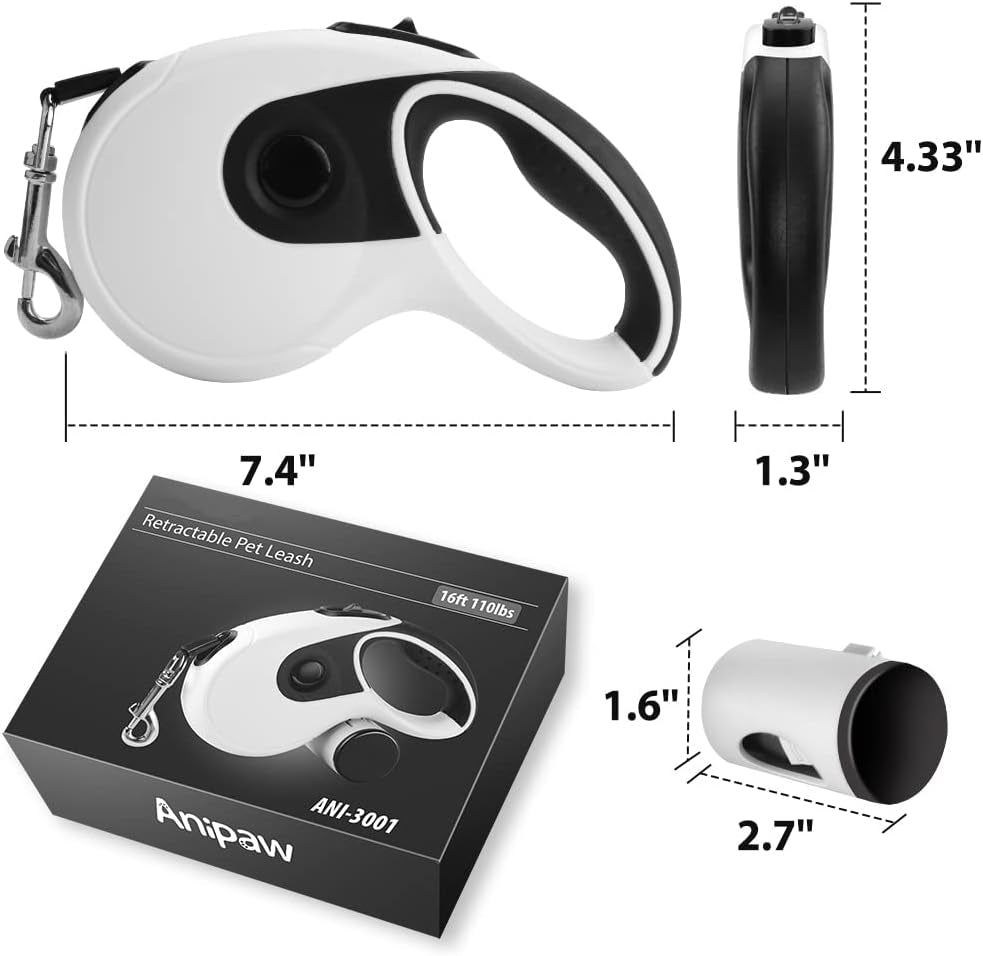 Retractable Dog Leash with Poop Bag Holder, 16Ft Strong Cord, Heavy Duty 360° Tangle-Free Pet Leash with Waste Bag Dispenser & Bags, Anti-Slip Grip Retractable Leash for Dogs up to 110Lb