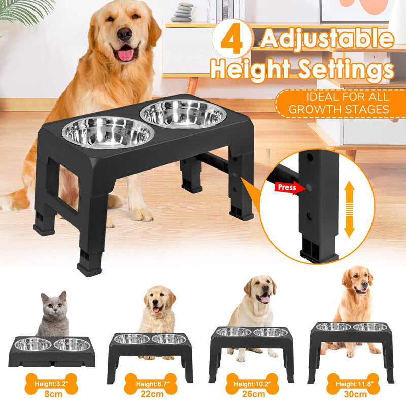 Adjustable Elevated Stand Double Dog Cat Bowls Raised Food &Water Feeding Dishes