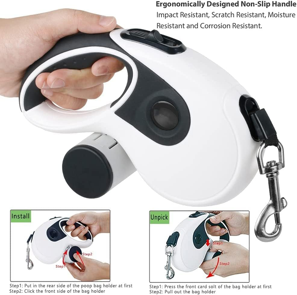 Retractable Dog Leash with Poop Bag Holder, 16Ft Strong Cord, Heavy Duty 360° Tangle-Free Pet Leash with Waste Bag Dispenser & Bags, Anti-Slip Grip Retractable Leash for Dogs up to 110Lb