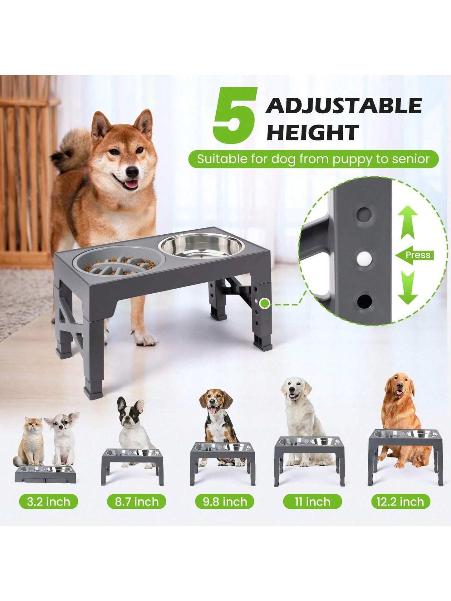 Elevated Dog Bowls, 5 Adjustable Heights Raised Dog Bowl Stand, with 2 Stainless Steel Dog Food Bowls and 1 Slow Feeder Dog Bowl, Adjusts to Height 3.2" to 12.2" for Small Medium Large Dogs