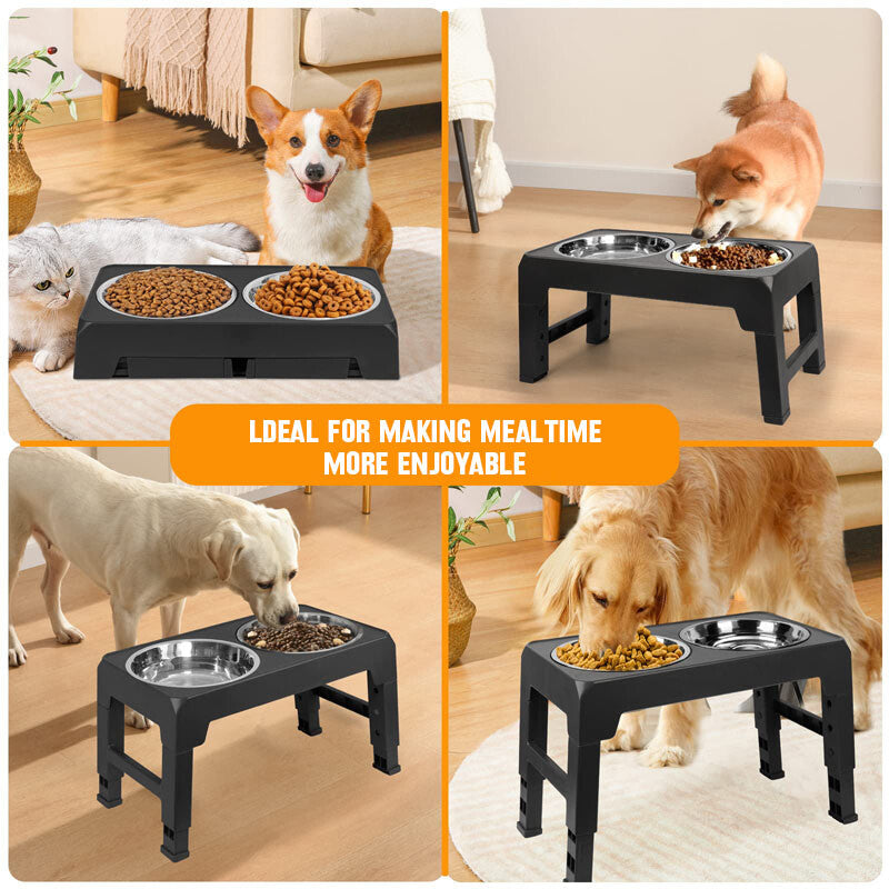 Adjustable Elevated Stand Double Dog Cat Bowls Raised Food &Water Feeding Dishes