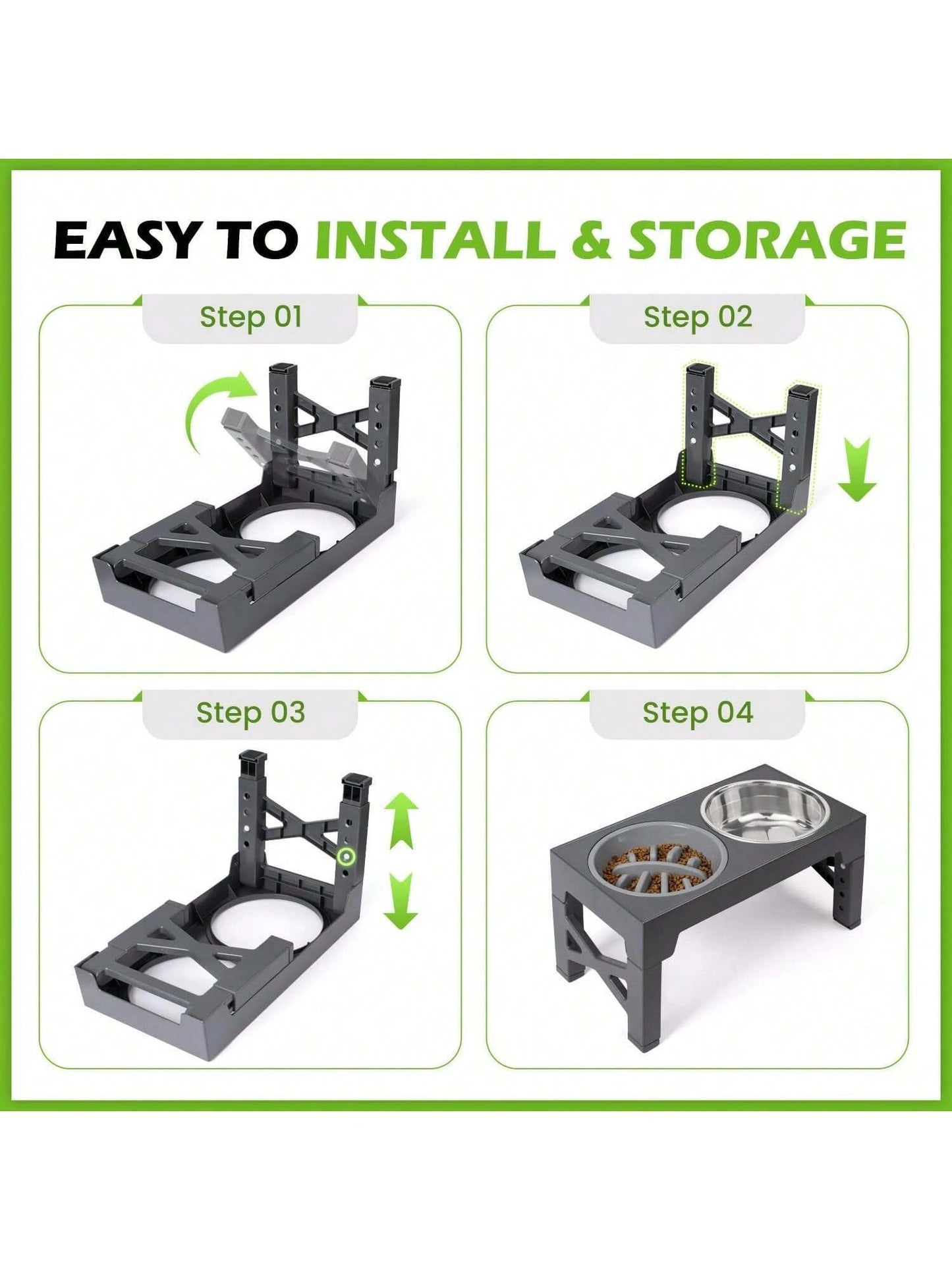Elevated Dog Bowls, 5 Adjustable Heights Raised Dog Bowl Stand, with 2 Stainless Steel Dog Food Bowls and 1 Slow Feeder Dog Bowl, Adjusts to Height 3.2" to 12.2" for Small Medium Large Dogs