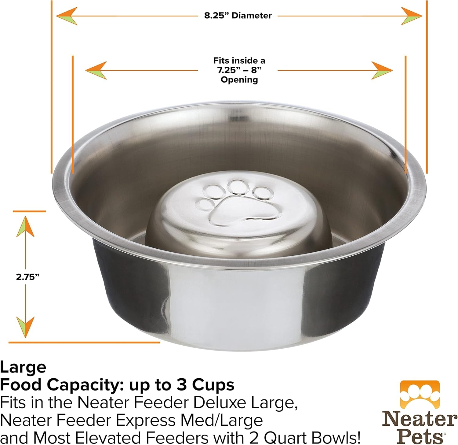 Stainless Steel Slow Feed Dog Bowl for Fast Eating Large Breed, Metal Slow Feeder Dog Bowl Fits in Large Neater Feeders, for Puppy or Dogs (>40 Lbs), 3 Cup Food Capacity