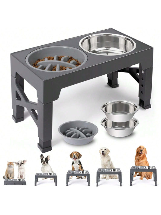Elevated Dog Bowls, 5 Adjustable Heights Raised Dog Bowl Stand, with 2 Stainless Steel Dog Food Bowls and 1 Slow Feeder Dog Bowl, Adjusts to Height 3.2" to 12.2" for Small Medium Large Dogs