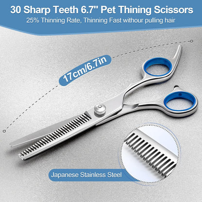 Titanium Coated Professional 6 in 1 4CR Stainless Steel Dog Grooming Scissors with Safety round Tip, Heavy Duty Pet Grooming Scissor for Dogs, Cats and Other Animals