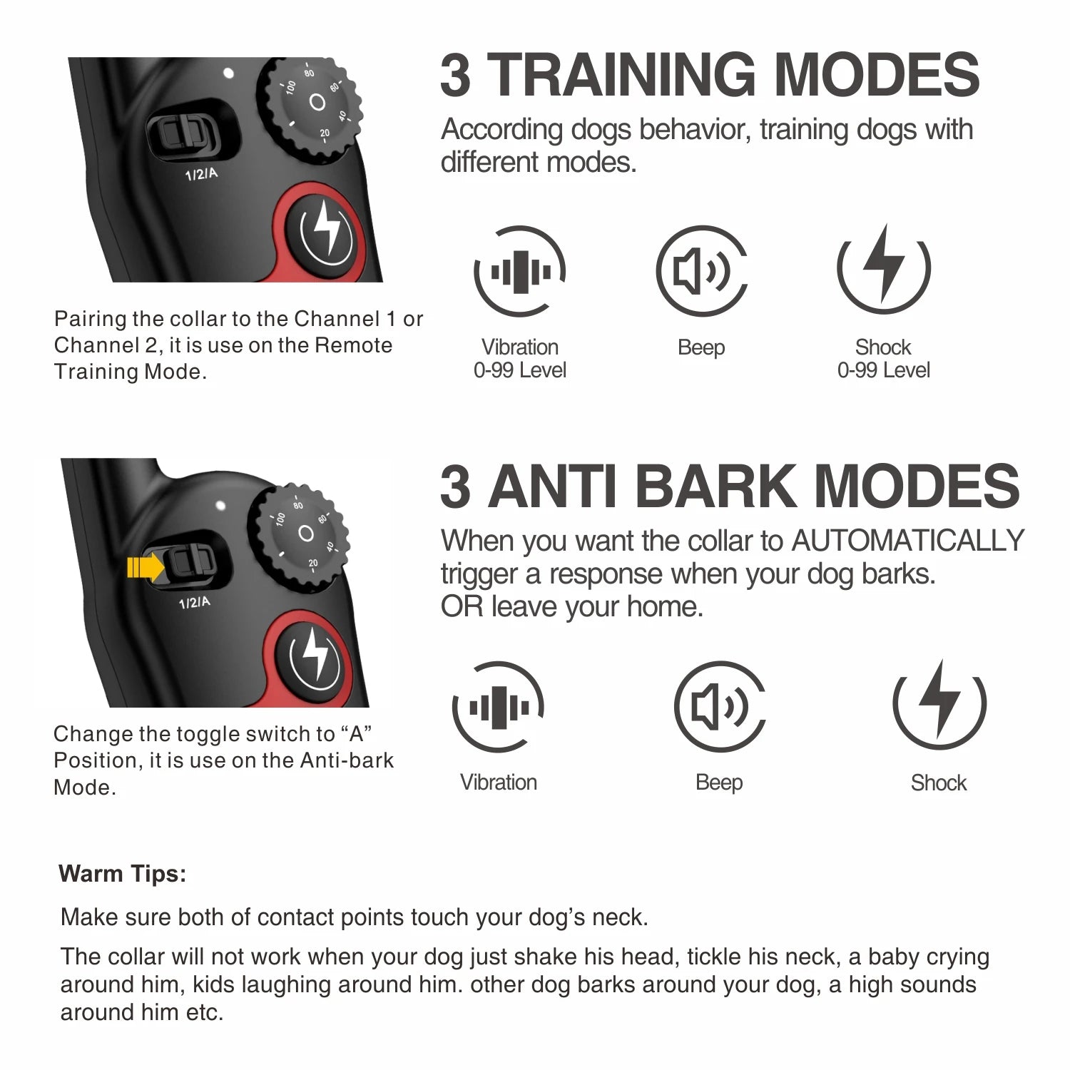 Dog Bark Training Collar 2-In-1, Rechargeable Dog Electric Shock Collar Waterproof, 400M, 1300 Ft Remote Control, Pet Product