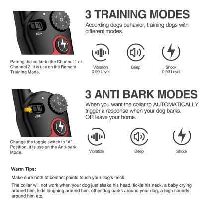 Dog Bark Training Collar 2-In-1, Rechargeable Dog Electric Shock Collar Waterproof, 400M, 1300 Ft Remote Control, Pet Product
