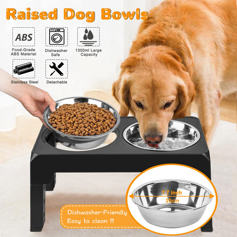 Adjustable Elevated Stand Double Dog Cat Bowls Raised Food &Water Feeding Dishes
