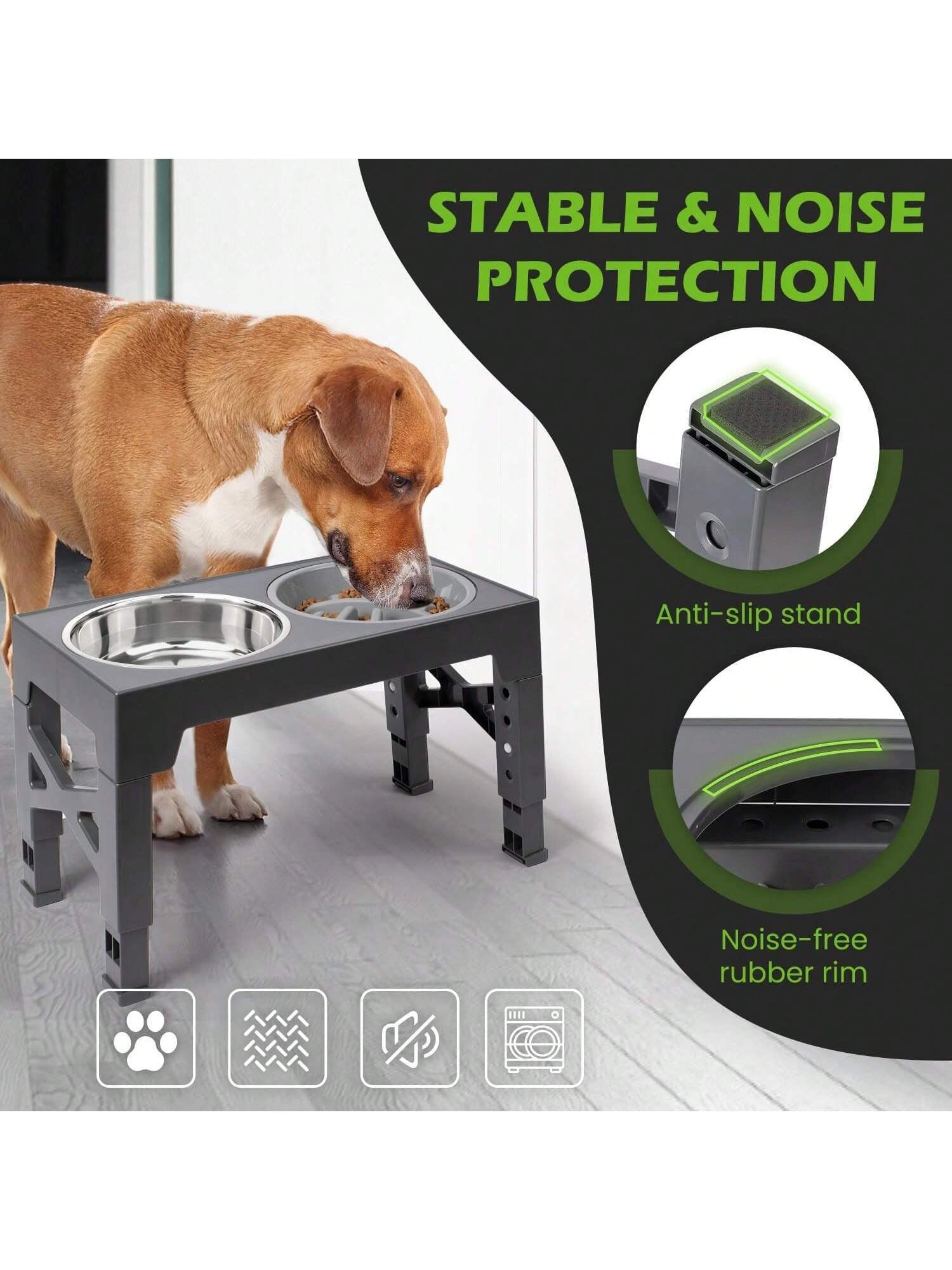 Elevated Dog Bowls, 5 Adjustable Heights Raised Dog Bowl Stand, with 2 Stainless Steel Dog Food Bowls and 1 Slow Feeder Dog Bowl, Adjusts to Height 3.2" to 12.2" for Small Medium Large Dogs