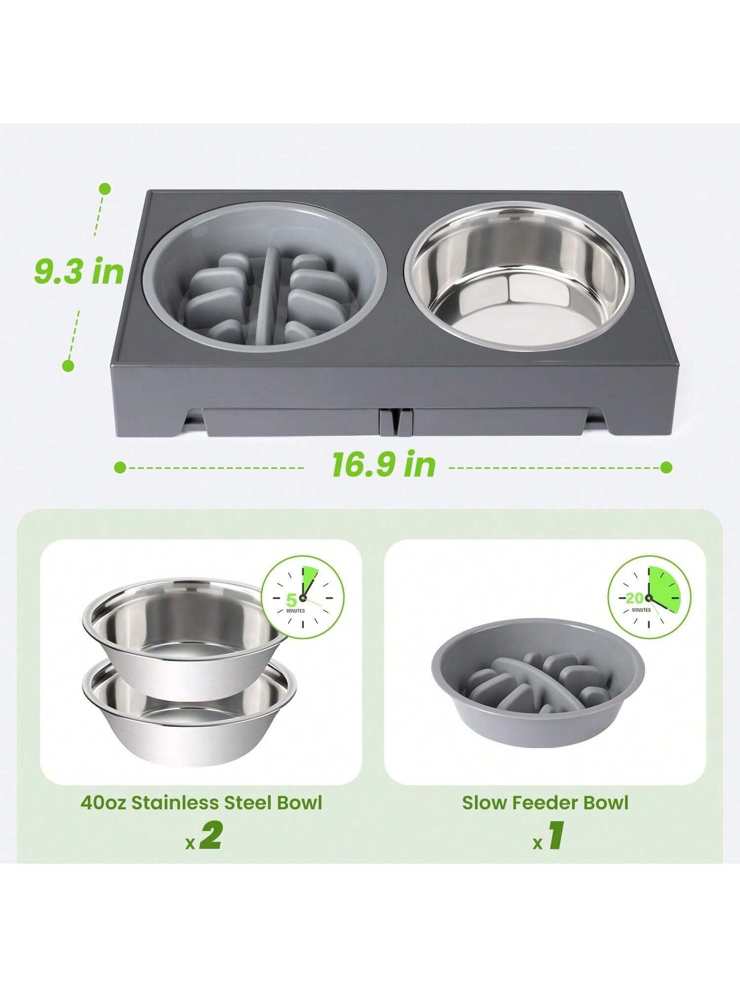 Elevated Dog Bowls, 5 Adjustable Heights Raised Dog Bowl Stand, with 2 Stainless Steel Dog Food Bowls and 1 Slow Feeder Dog Bowl, Adjusts to Height 3.2" to 12.2" for Small Medium Large Dogs