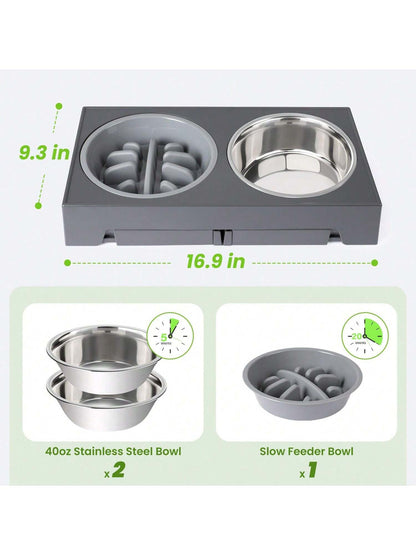 Elevated Dog Bowls, 5 Adjustable Heights Raised Dog Bowl Stand, with 2 Stainless Steel Dog Food Bowls and 1 Slow Feeder Dog Bowl, Adjusts to Height 3.2" to 12.2" for Small Medium Large Dogs