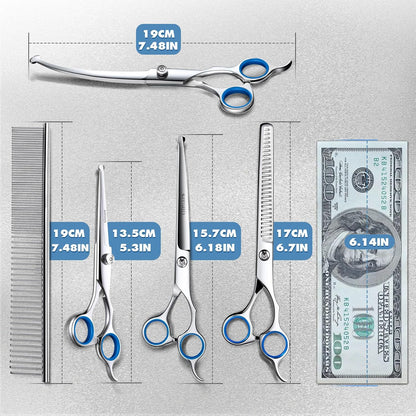 Titanium Coated Professional 6 in 1 4CR Stainless Steel Dog Grooming Scissors with Safety round Tip, Heavy Duty Pet Grooming Scissor for Dogs, Cats and Other Animals