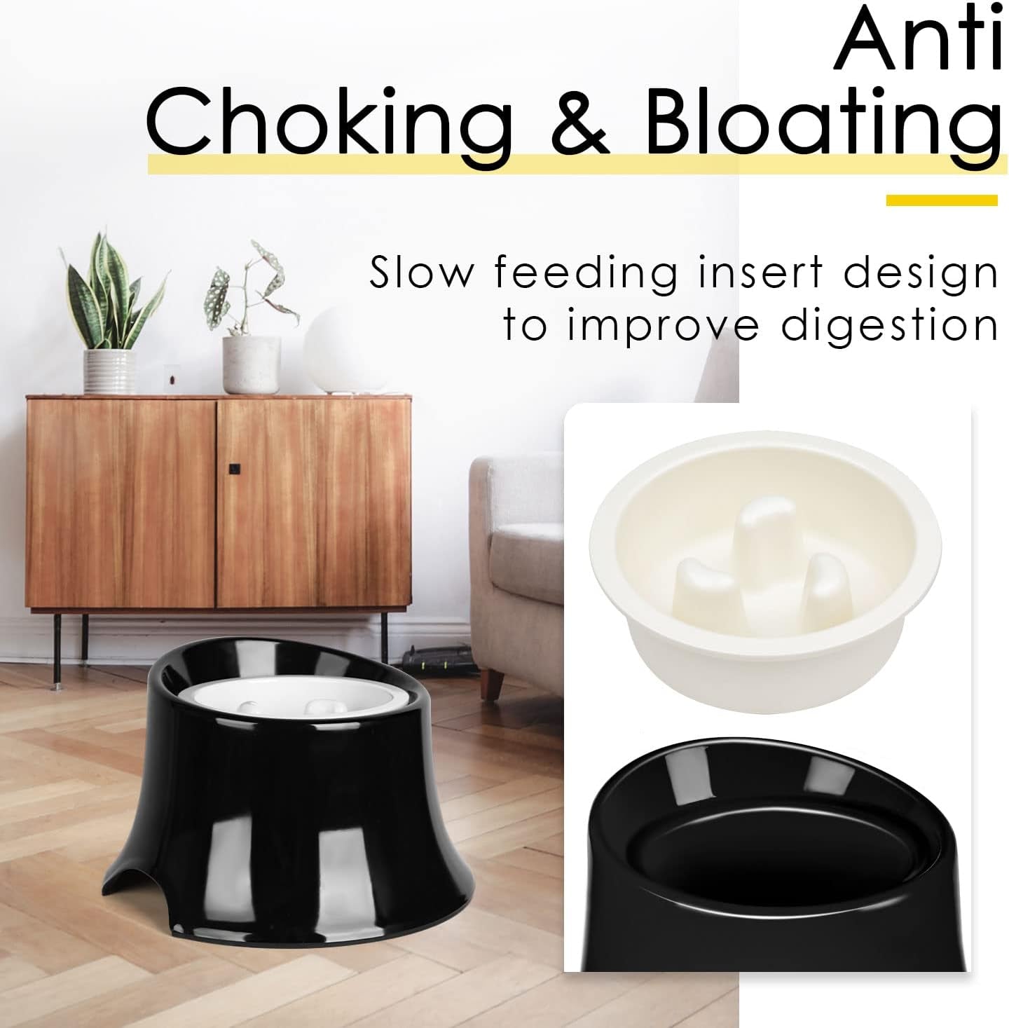 SUPERDESIGN Raised Dog Bowl for Medium Large Dogs And, Elevated Dog Food Bowl Stand & Insert Slow Feeder Dish for Fast Eaters, Spill Proof Tall Feeding Station to Slow down Eating, Medium, Black