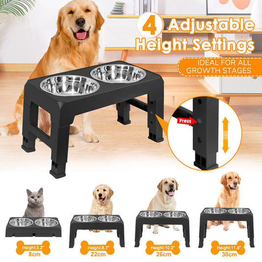 Adjustable Elevated Stand Double Dog Cat Bowls Raised Food &Water Feeding Dishes