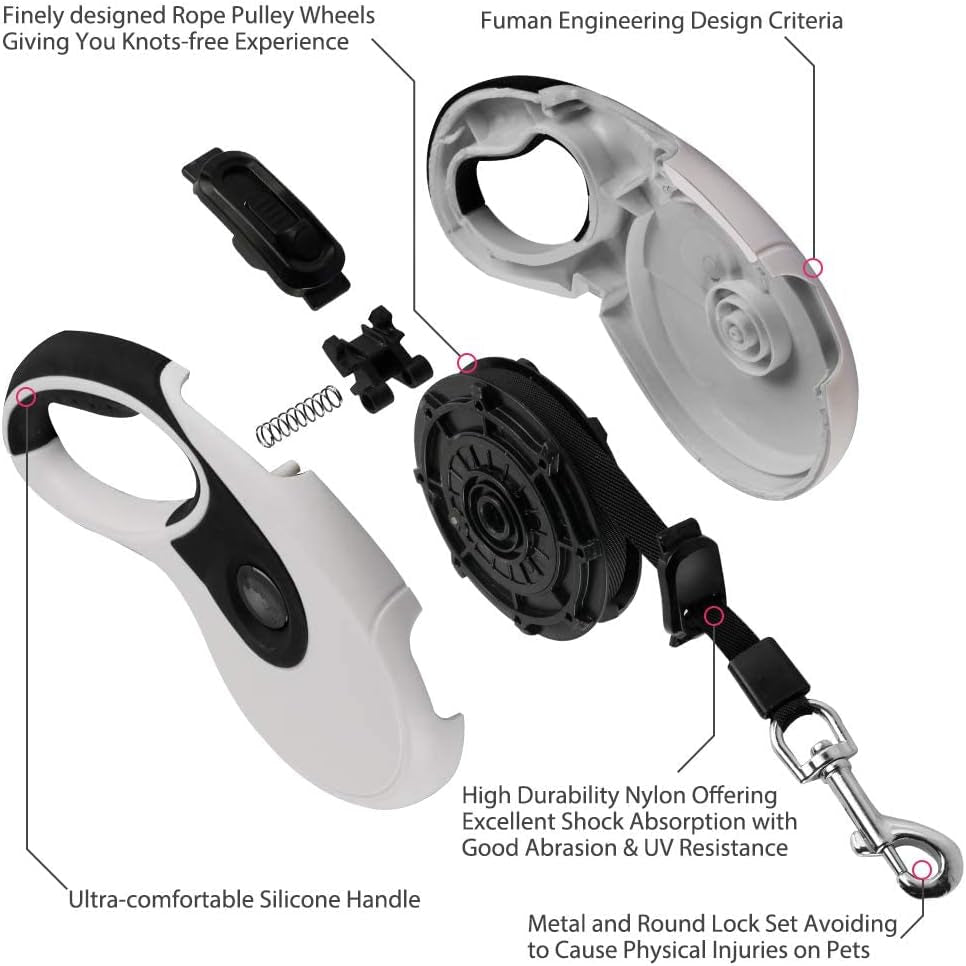 Retractable Dog Leash with Poop Bag Holder, 16Ft Strong Cord, Heavy Duty 360° Tangle-Free Pet Leash with Waste Bag Dispenser & Bags, Anti-Slip Grip Retractable Leash for Dogs up to 110Lb