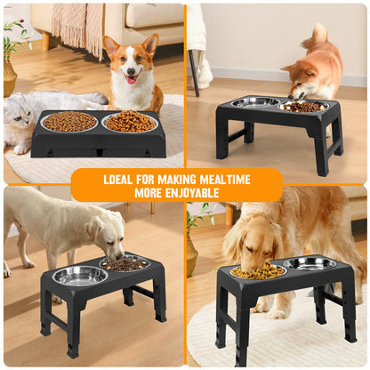 Adjustable Elevated Stand Double Dog Cat Bowls Raised Food &Water Feeding Dishes