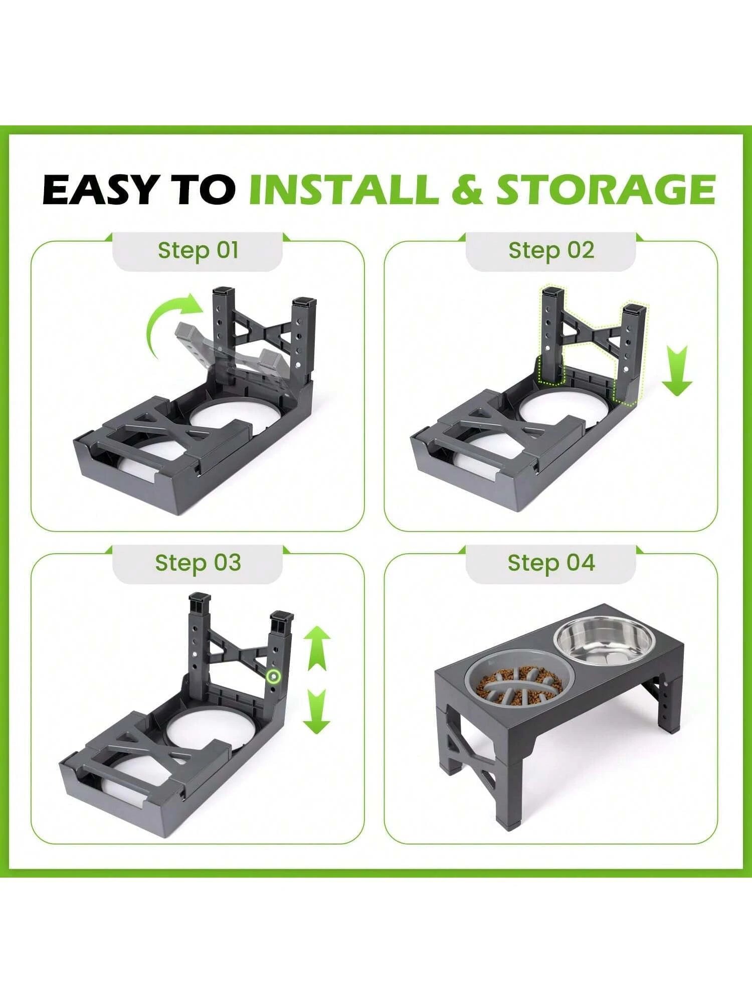 Elevated Dog Bowls, 5 Adjustable Heights Raised Dog Bowl Stand, with 2 Stainless Steel Dog Food Bowls and 1 Slow Feeder Dog Bowl, Adjusts to Height 3.2" to 12.2" for Small Medium Large Dogs